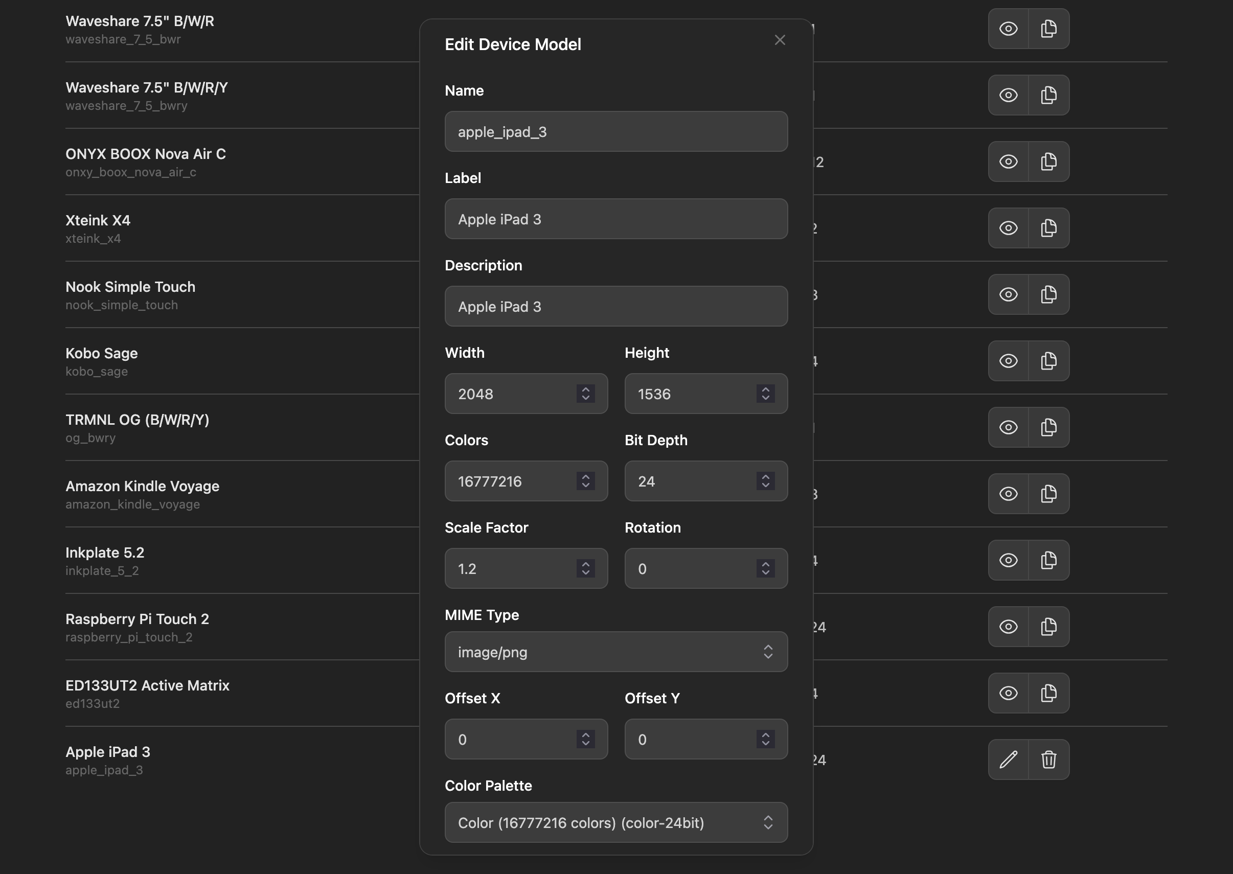 A dark-themed user interface showing a modal titled “Edit Device Model” over a list of device presets. The modal contains form fields with values for an Apple iPad 3 device (2048x1536, 24-bit color, and more).