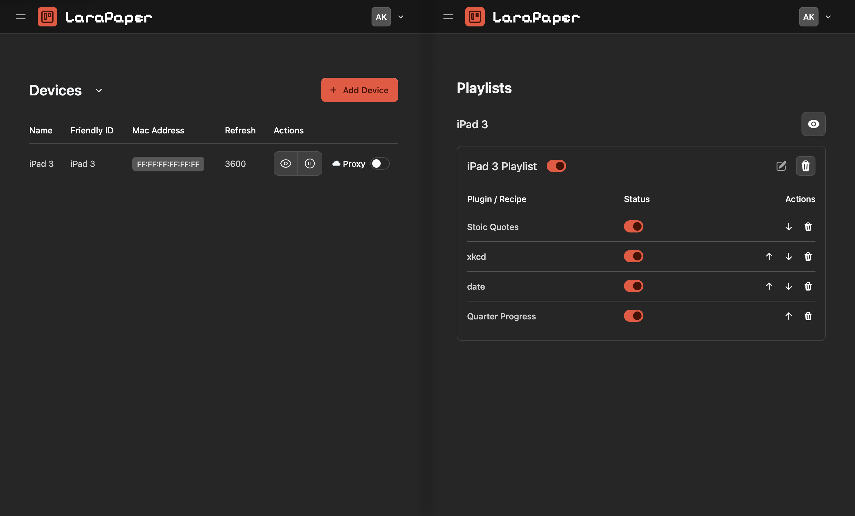 Dark-themed LaraPaper dashboard showing a Devices panel with one iPad 3 entry (including MAC, refresh, and controls) and a Playlists panel with an active “iPad 3 Playlist” listing items like Stoic Quotes, xkcd, date, and Quarter Progress, each with toggles and action icons.