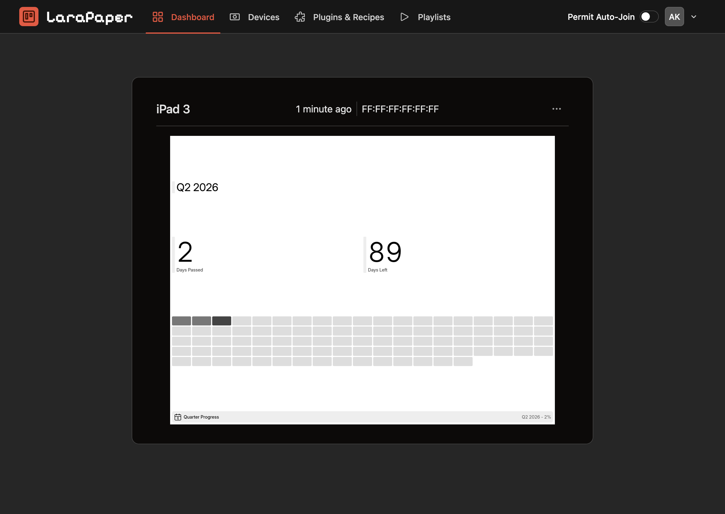 Screenshot of the LaraPaper dashboard interface in dark mode. The top navigation bar shows options like Dashboard, Devices, Plugins & Recipes, and Playlists, with a toggle for 'Permit Auto-Join' on the right. In the center, a card labeled 'iPad 3' displays a preview of a minimalist calendar-style widget titled 'Q2 2026.' The widget shows '2 Days Passed' and '89 Days Left,' along with a horizontal grid of small squares representing daily progress. The layout is clean and monochromatic, with light gray content on a white panel framed by a dark background.