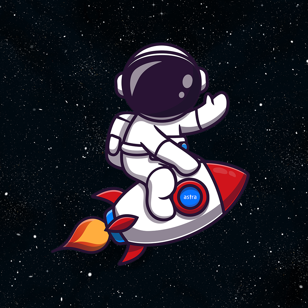 A cartoon astronaut is sitting on a rocket with the Astra logo on it. The background is filled with stars as the astronaut is flying through space.