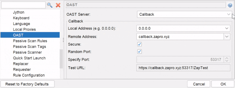 An animated GIF of the ZAP OAST Options Panel showing how the options for the selected OAST servers are displayed dynamically.